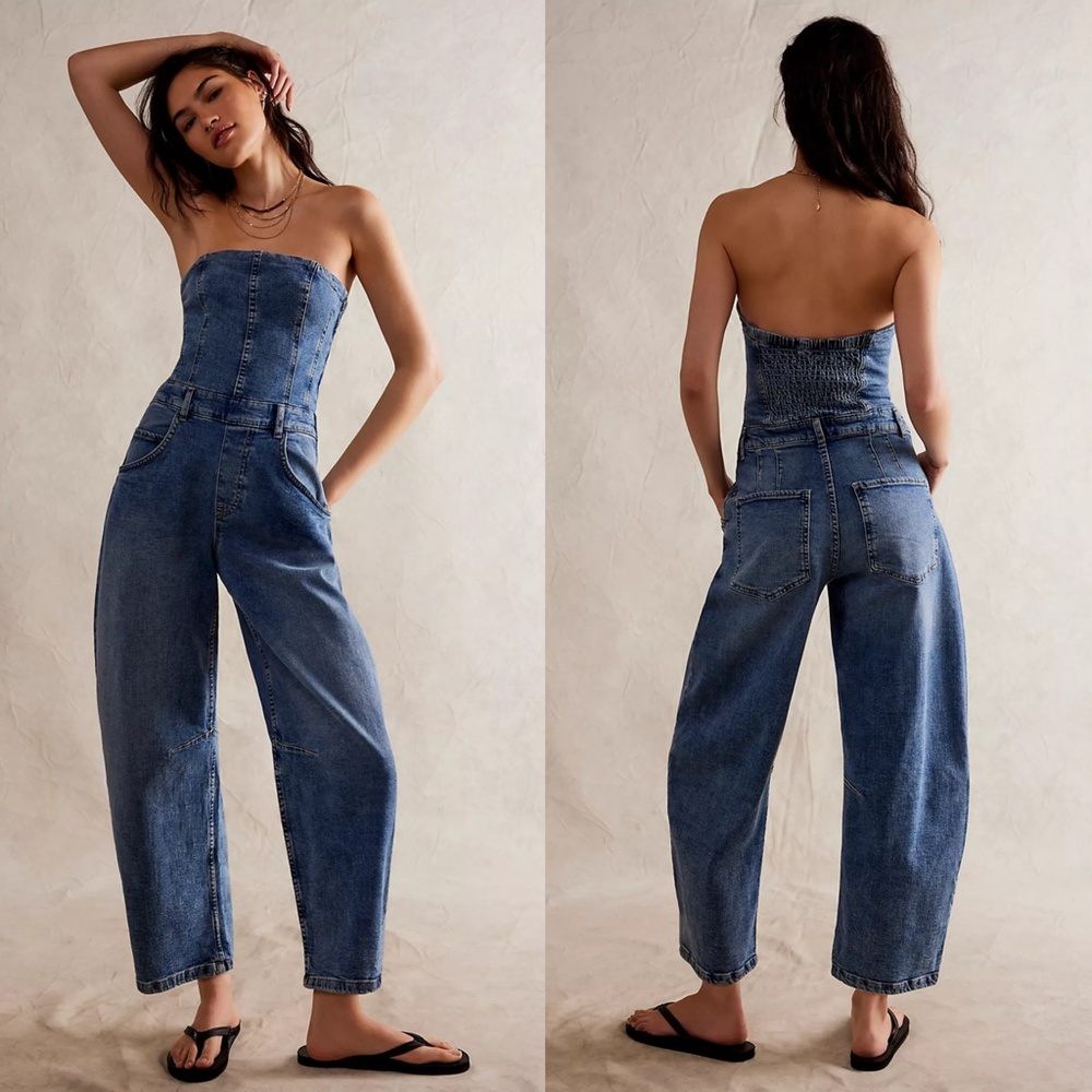 NEW FREE PEOPLE We The Free DENIM BLUE Je Suis Pret BARREL Pockets JUMPSUIT S